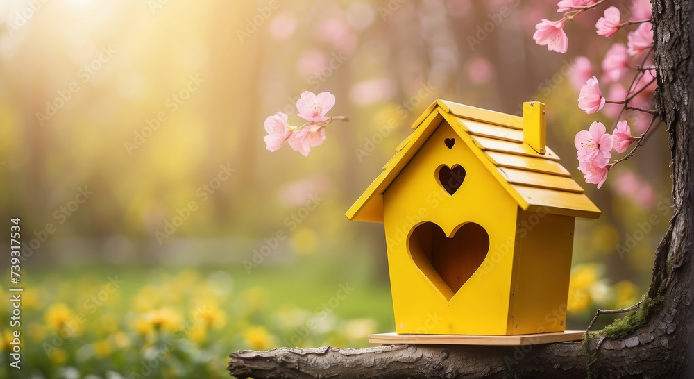 Yellow bird house with the heart shapped entrance on blurred spring outdoor background with copy space
