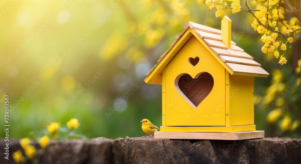Yellow bird house with the heart shapped entrance on blurred spring outdoor background with copy space