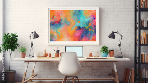 A mockup of an office with a blank white empty frame, presenting a colorful, contemporary mixed-media artwork. © LOVE ALLAH LOVE