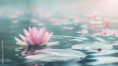 Delicate Pink Water Lily Gracefully Drifts on Tranquil Pond Surface 