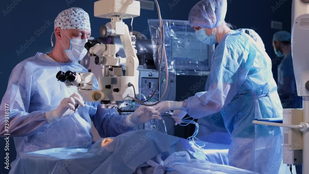 A surgeon looks through a microscope at a patient's eyes in the ...