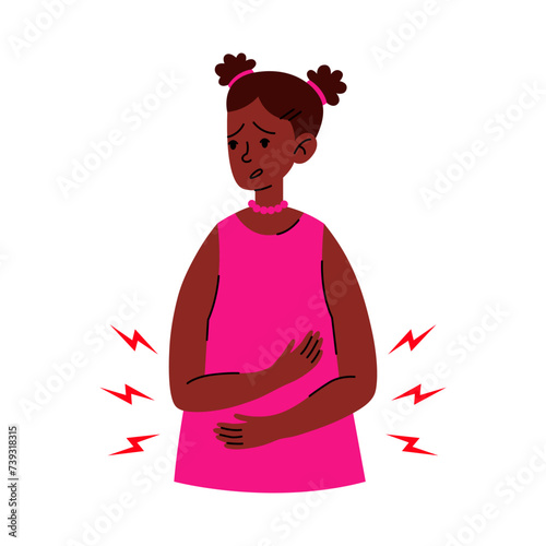 Teen black girl feel pain in stomach concept vector illustration on white background. Diarrhea or constipation. Abdomen disease and illness. Period pain.