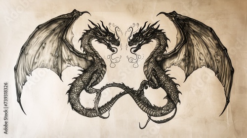 Dragon tattoo on paper background. Hand drawn illustration. Tattoo idea