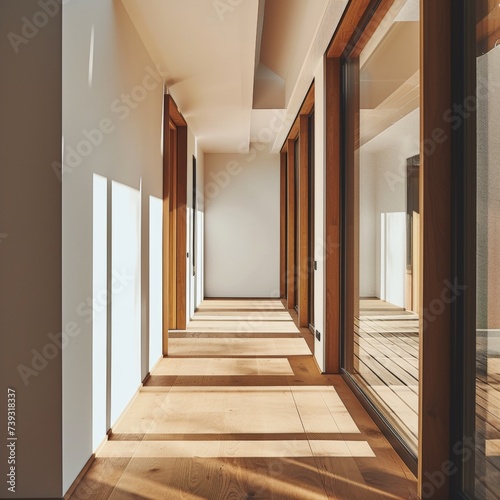 a long hallway with wood floors and windows