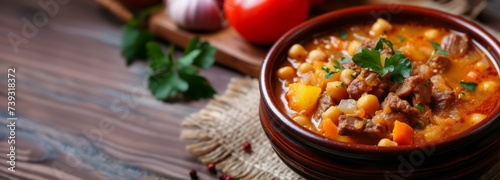 Chickpea and meat soup, hearty stew, copy space