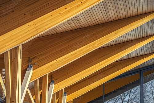 Wooden beams on the roof of a modern building