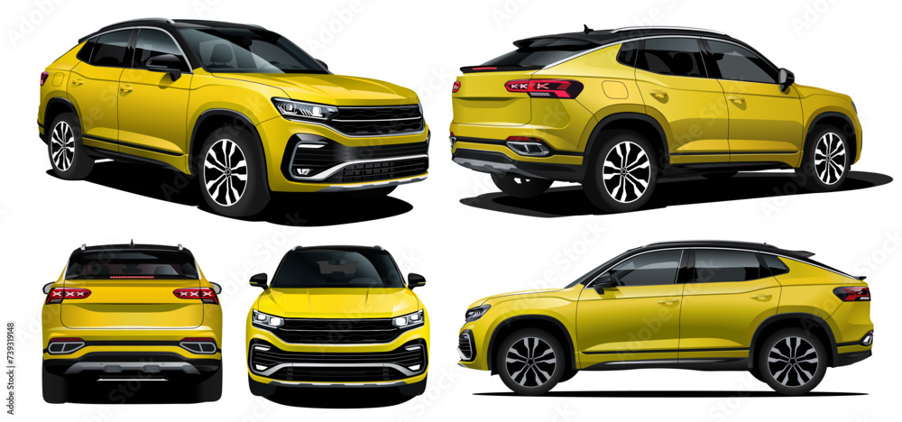 Realistic Vector Yellow Car SUV Isolated in transparent background, with gradients and in front, back, side view