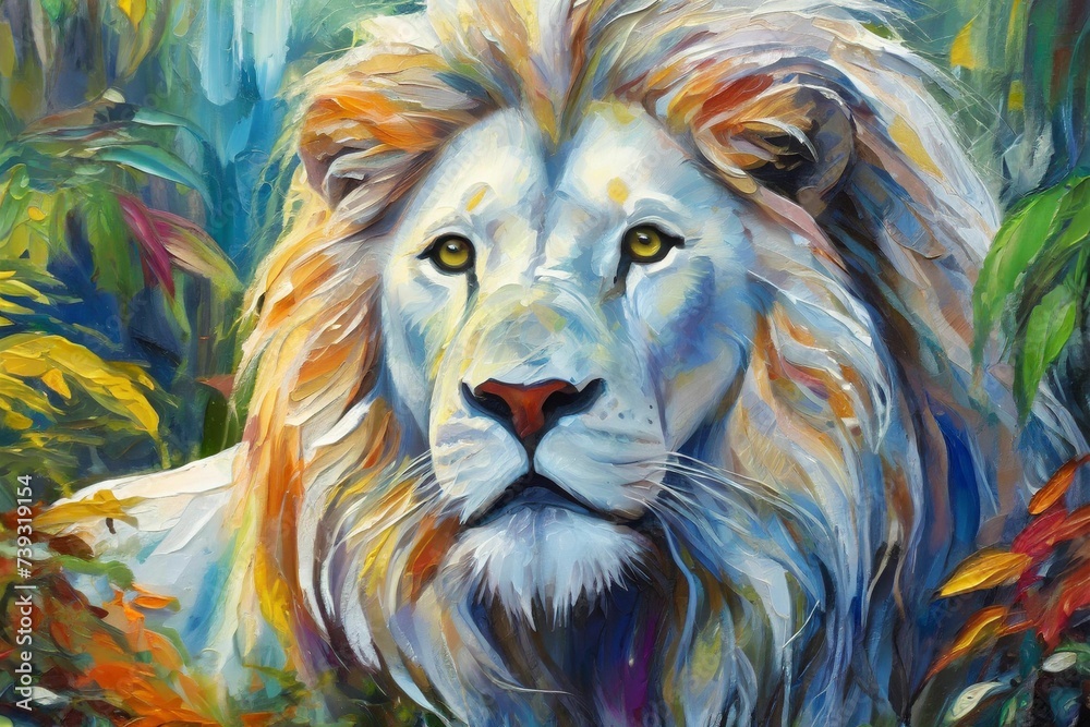 Majestic white lion drawn by oil paints, colorful jungle