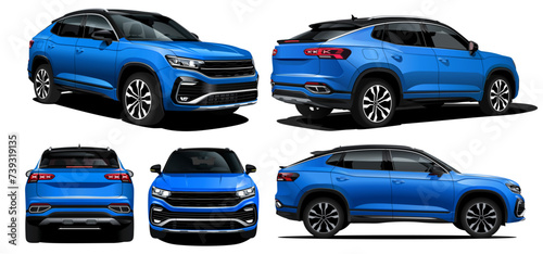 Realistic Vector Blue Car SUV Isolated in transparent background, with gradients and in front, back, side view