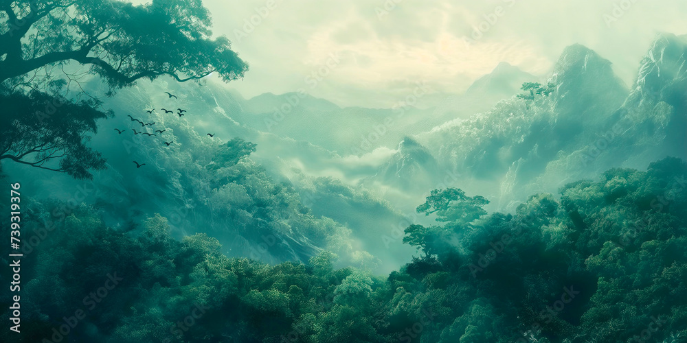 Sunlight Piercing Through Mist Over a Tropical Forest Sunlight Piercing Through Mist Over a Tropical Forest