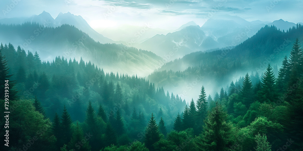 misty morning mountain view over the forest of pine trees