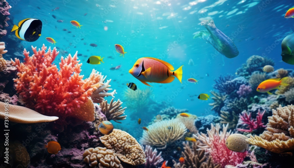 Fish in the water, coral reef, underwater life, various fish and exotic coral reefs