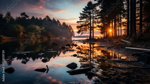 A twilight scene by a secluded forest lake, the last light of day casting a soft glow on the water a