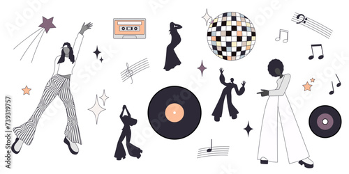 Disco illustrations set. Silhouettes of people in various dance poses. Design elements 70s style. Vector illustration. Isolated on a white background.