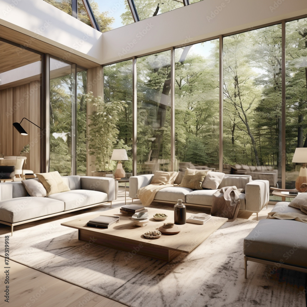 A modern and airy Scandinavian living room with floor-to-ceiling windows, creating a seamless connection between the indoor and outdoor spaces.