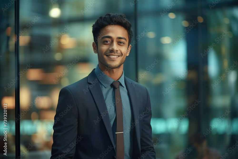 Confident Indian businessman looking at camera standing in modern office . Handsome classy corporation owner. Business portrait Confident Indian businessman looking at camera standing in modern office . Handsome classy corporation owner. Business portrait