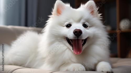 A playful puppy with fluffy fur, sitting happily on a white isolated background, capturing its joyfu © ProVector