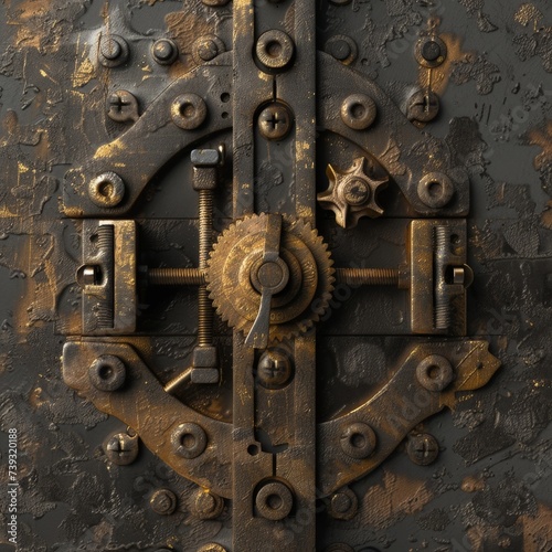 a metal door with gears and screws