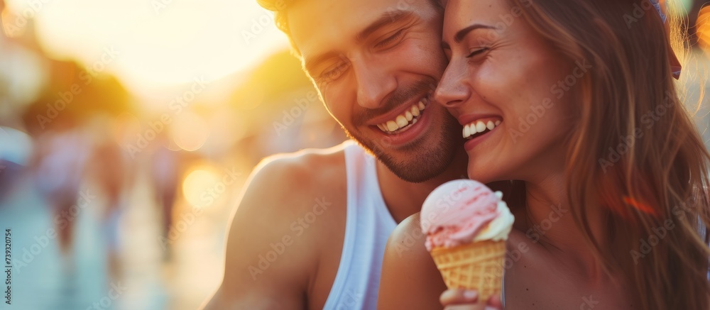 A young couple enjoying delicious ice cream cones on a sunny day at the park