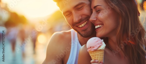 A young couple enjoying delicious ice cream cones on a sunny day at the park