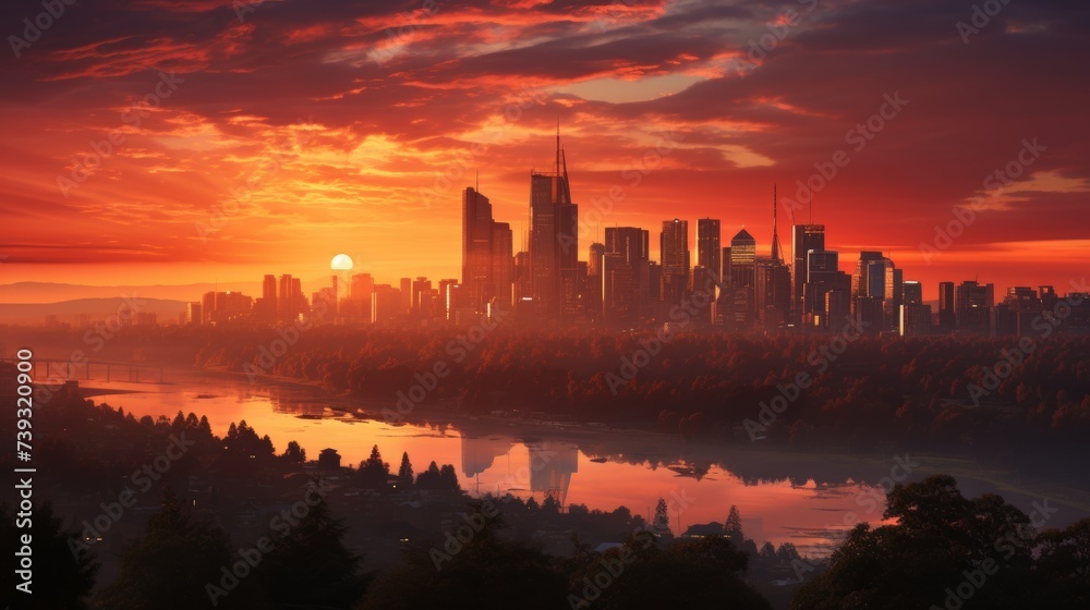 A breathtaking view of a cityscape at sunset, skyscrapers silhouetted against the fiery sky, the fad
