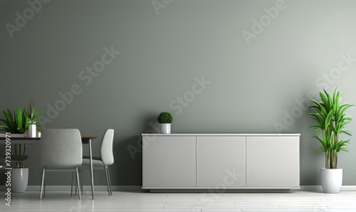 white and black room with a white dresser and a green plant. The room is empty and has a minimalist feel photo