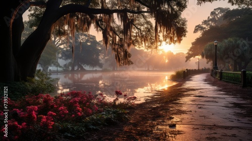 A peaceful city park at dawn, the first light of day casting a soft glow on the dew-covered grass an