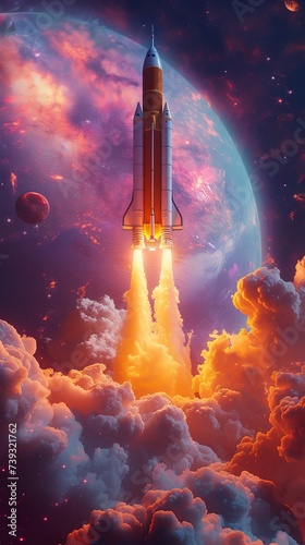 a rocket ship taking off from space