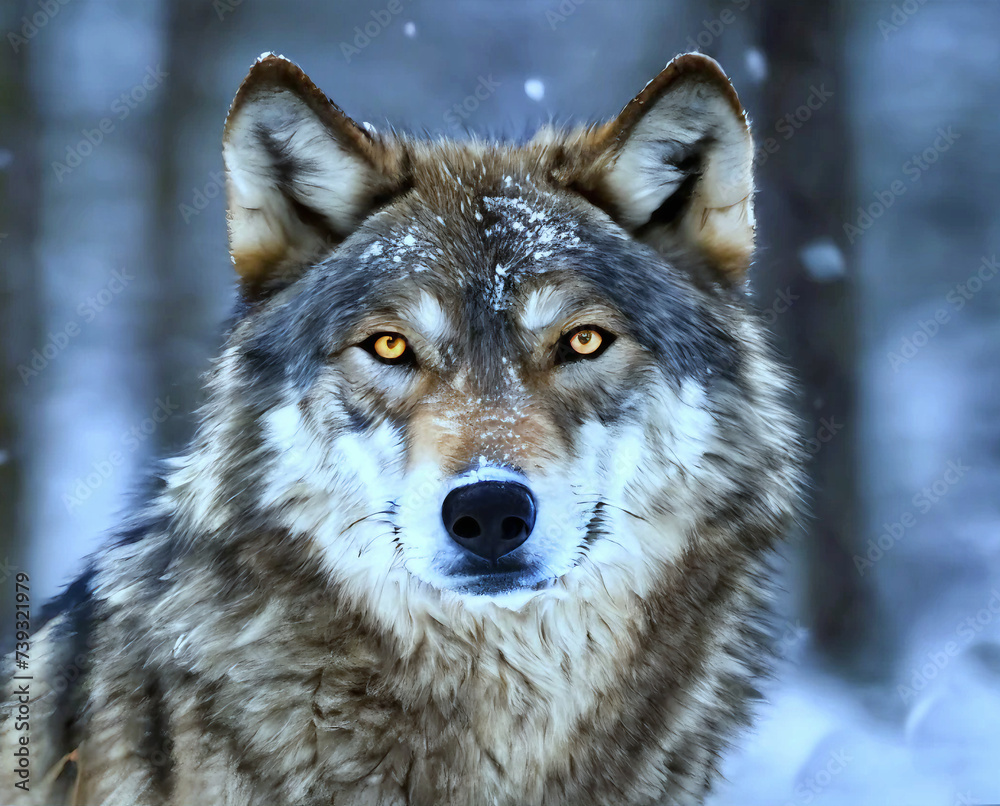 Fototapeta premium A Majestic Gray Wolf in the Snow: A Winter Wonderland