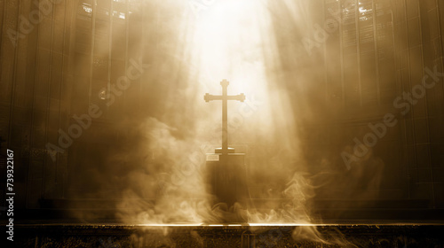 Foto Cross on an altar, hazy church interior