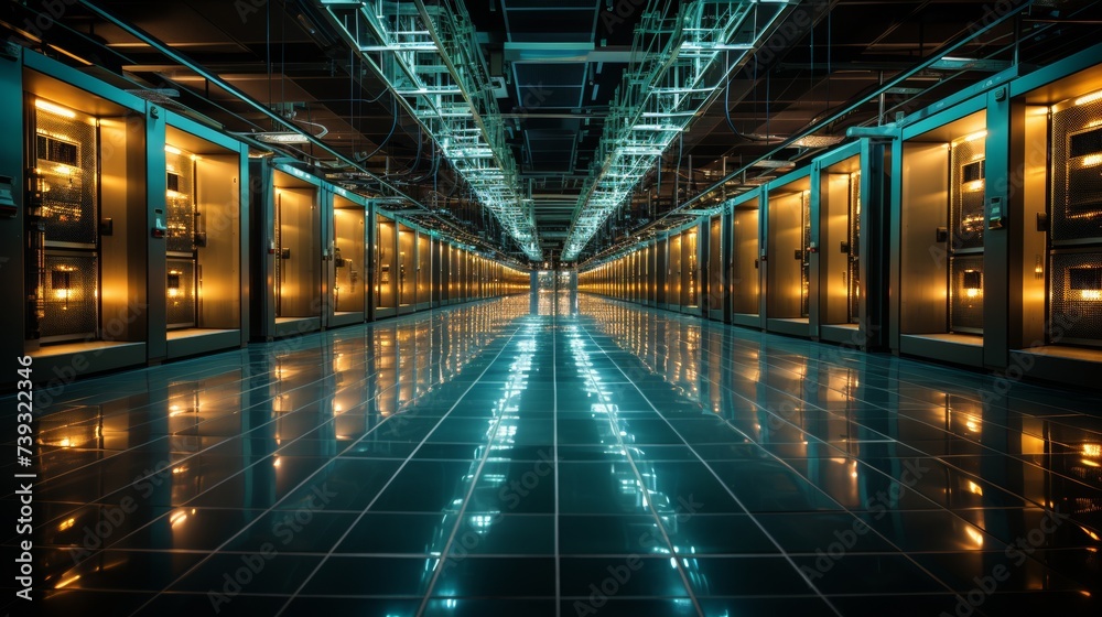 A server room with rows of high-powered computers, LED lights blinking in a rhythmic pattern, the he