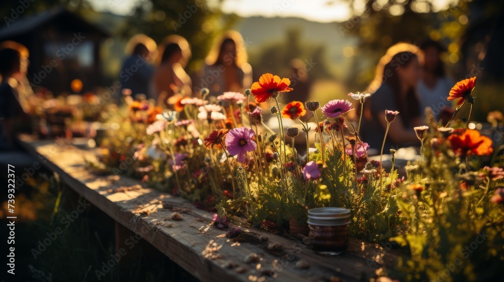 A group of friends gathered around a picnic setup in a blooming flower field, vibrant colors of natu