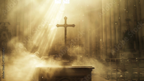 Foto Cross on an altar, hazy church interior