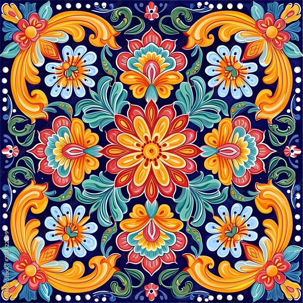 Vibrant Talavera Style Tile Background Design, Hand Edited Generative AI