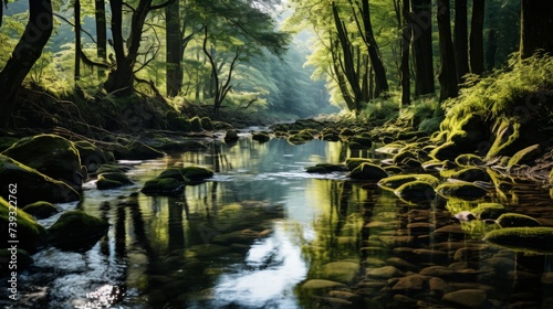 A serene river flowing through a lush forest, reflections in the water, a haven for wildlife, Photog