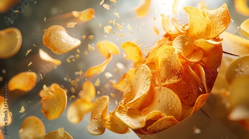a bag flying of realistic potato chips  photo
