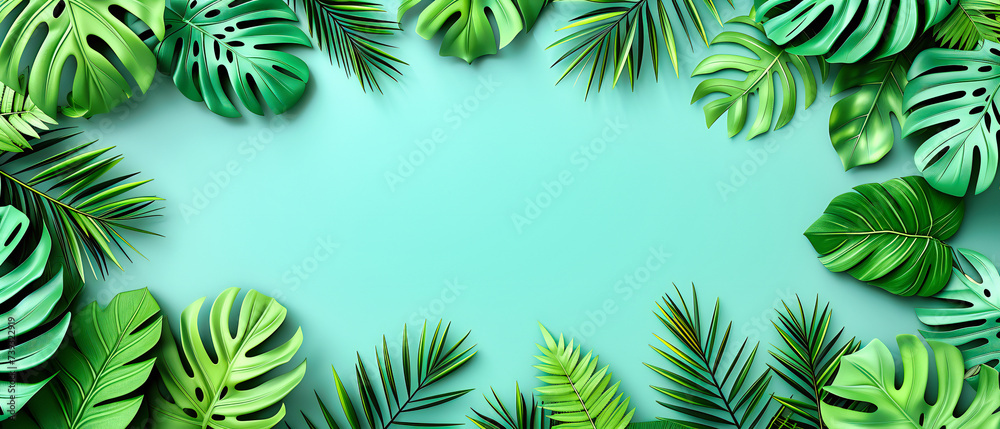 A tropical tapestry of green, where palm leaves and floral patterns frame the essence of summer against a vibrant backdrop - obrazy, fototapety, plakaty 