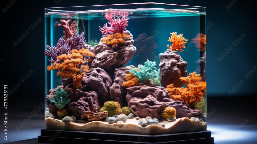A compact and modern nano aquarium, housing exotic small fish and delicate coral, presented on a whi