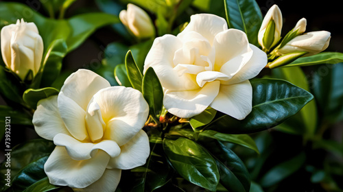 Exquisite Cape jasmine  also known as garden gardenia or gardenia flower  showcasing its delicate beauty and captivating fragrance in a vibrant display.