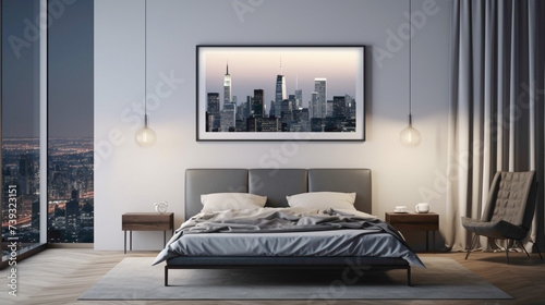 A modern bedroom with a blank white empty frame, showcasing a minimalist, black and white photograph of a city skyline at night. © LOVE ALLAH LOVE