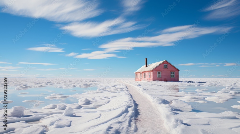 A solitary researcher's station in Antarctica, a minimalist structure against vast ice fields, the h