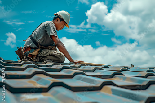 Roofing worker installing roofing tiles on house roof. Roofing construction. photo