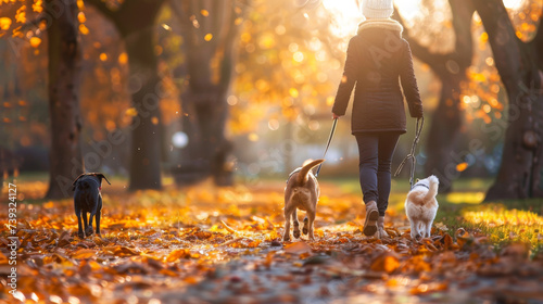 person walking dogs in autumn park photo