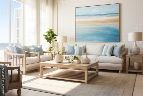A modern haven in nautical hues, where ocean blues and sandy neutrals converge, creating a serene living room bathed in the warm glow of summer sunlight