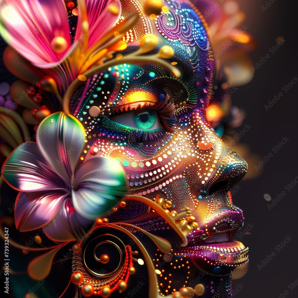A colorful woman's face makeover made with many different decorative metal flower designs. Vibrant color palette. 