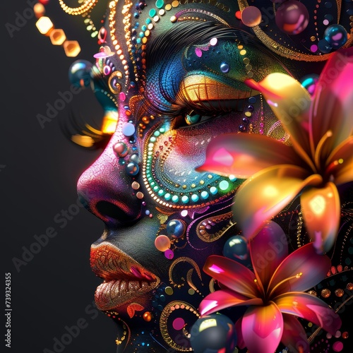 A colorful woman's face makeover made with many different decorative metal flower designs. Vibrant color palette. 