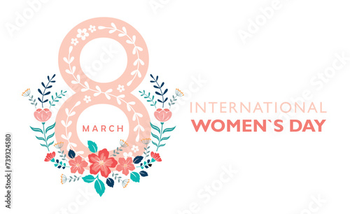 Women`s day greeting card with 8 march text and floral design, isolated vector illustration on white background for banner, wallpaper, social media post