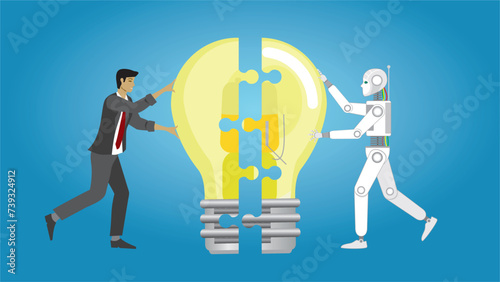 Man putting his idea together with AI robot. Support from artifical intelligence. Dimension 16:9. Vector illustration.