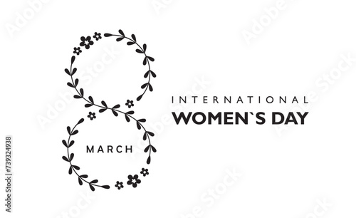 8 march black floral logo, international women`s day template isolated on white background, template for banners, social media post, printing or cutting