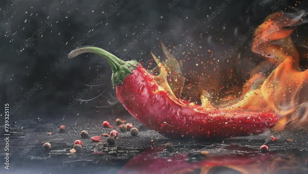 Red chili pepper in burning with fire